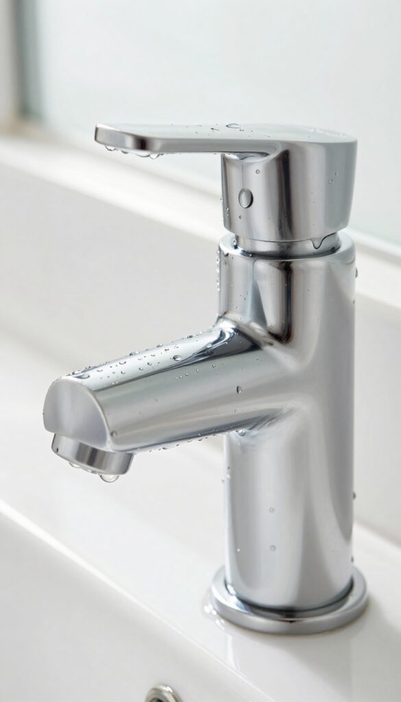 Sparkling clean bathroom faucet and handles with water droplets