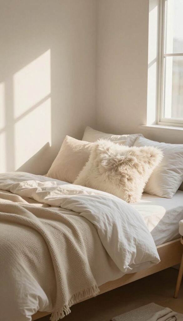 Freshly washed throw pillows and blanket on a bed in a bright, clean bedroom