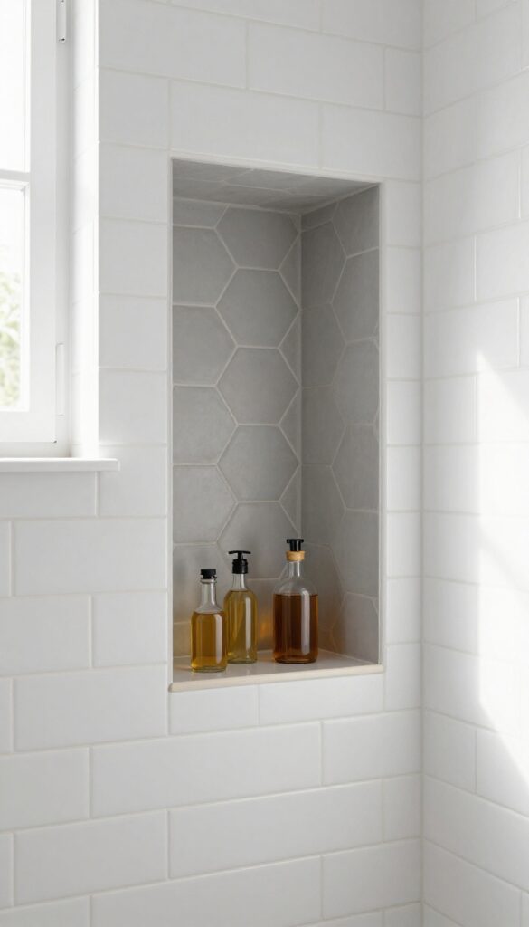 Shower niche with matte gray hexagon tiles contrasting white subway tiles, natural light, clean bathroom design