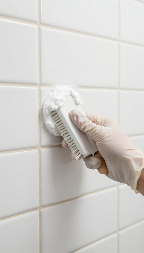 Hand applying baking soda paste to bathroom shower grout with a brush