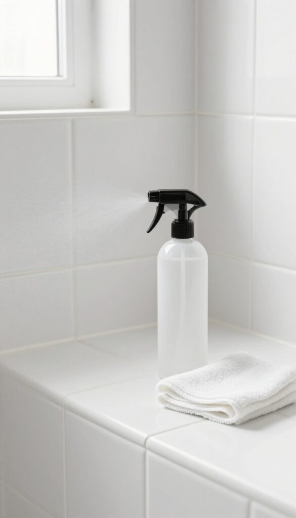 Spray bottle and microfiber cloth on clean white bathroom tiles for weekly grout maintenance