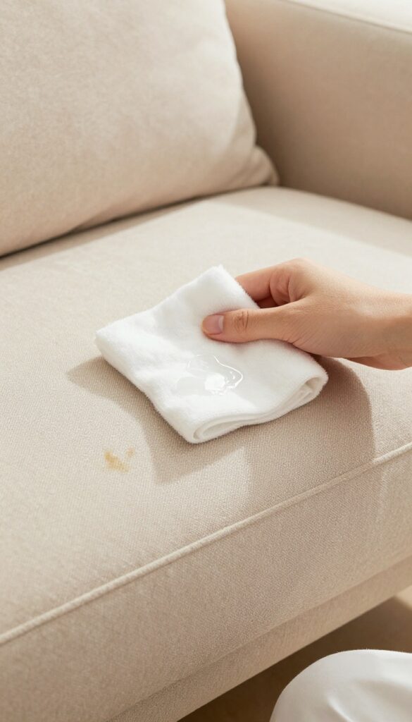 Blotting an ink stain on a beige couch with rubbing alcohol and a cotton ball.