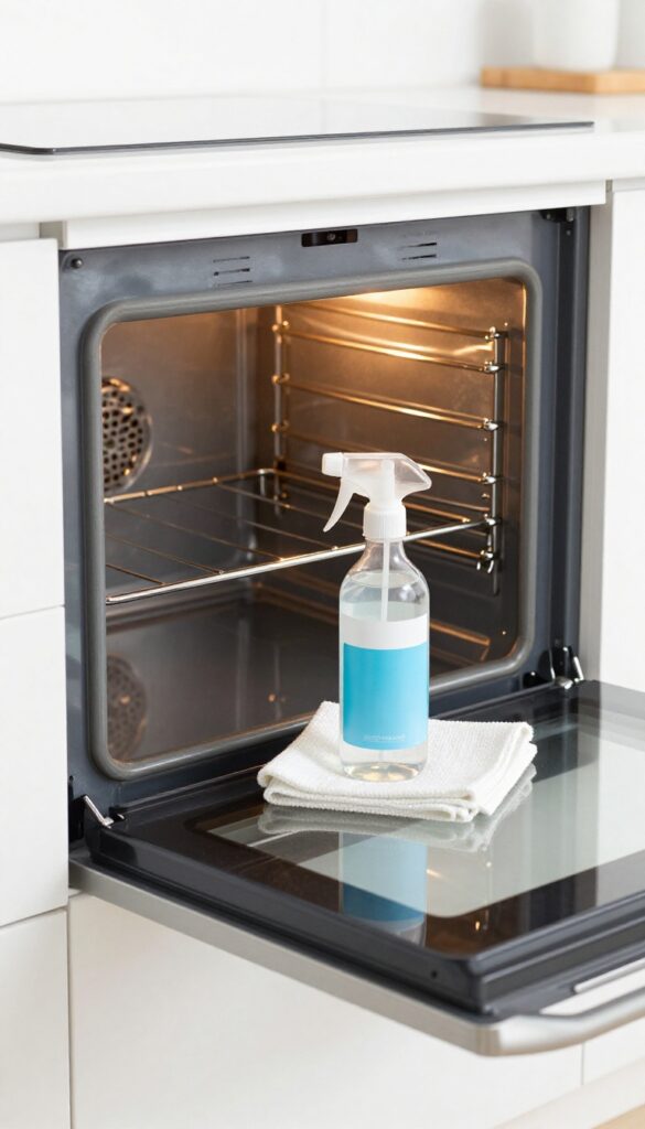 Hydrogen peroxide spray bottle on a microfiber cloth next to a clean oven interior