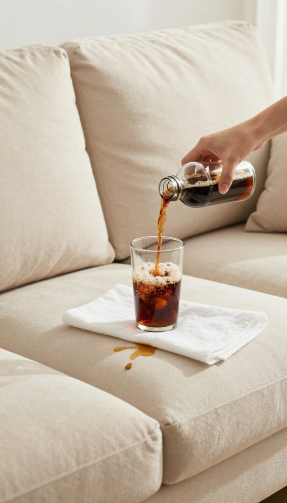 Pouring club soda on a fresh coffee spill on a beige sofa cushion