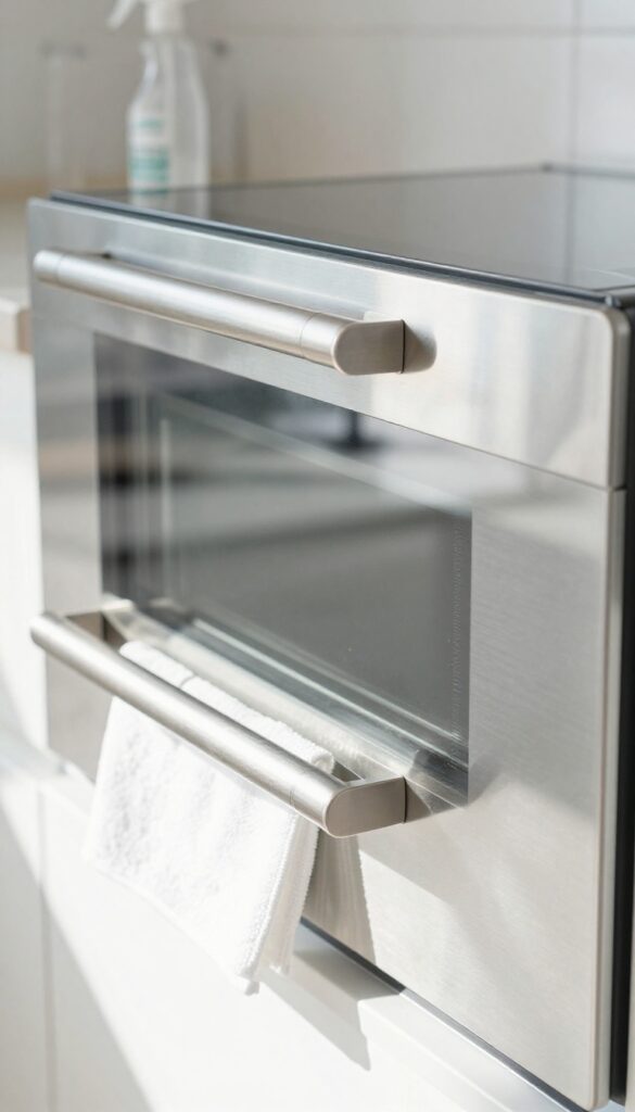 Streak-free glass oven door shining after cleaning with club soda and baking soda