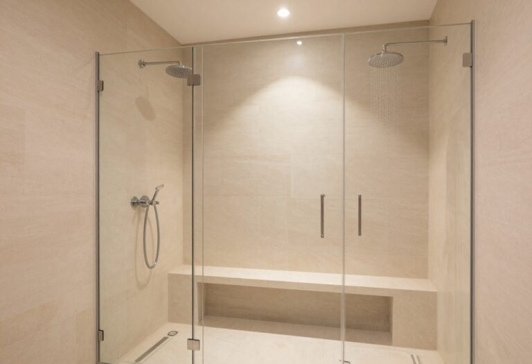 Luxurious master bathroom shower with rainfall showerhead and natural stone