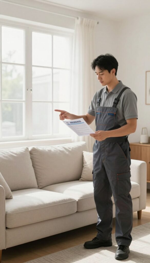 Professional sofa cleaner showing certification and insurance documents in a bright living room