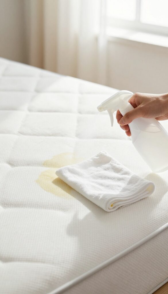 Applying enzymatic cleaner to a mattress stain in bright natural light