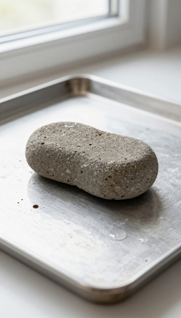 Wet pumice stone on a baking sheet with burnt spots, natural light, kitchen background