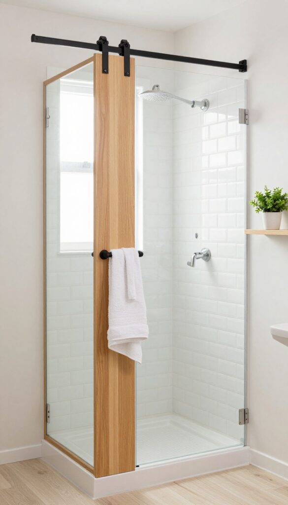 Small bathroom with barn door and compact shower
