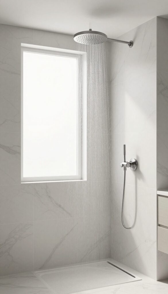 Luxury shower with large-format porcelain slabs, minimal grout lines, bright natural light