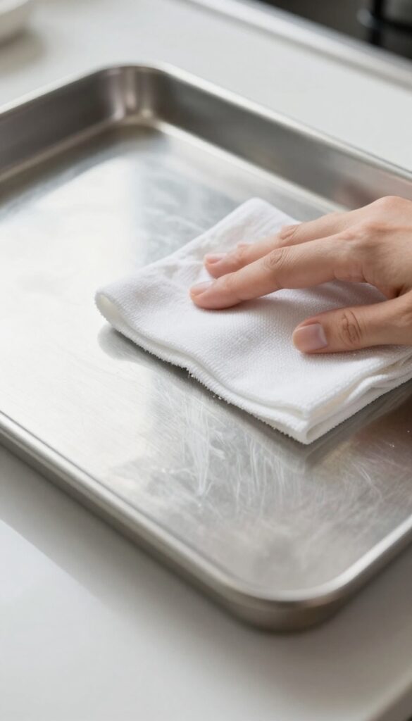 Cleaning a stainless steel baking sheet with commercial stainless steel cleaner and a soft cloth