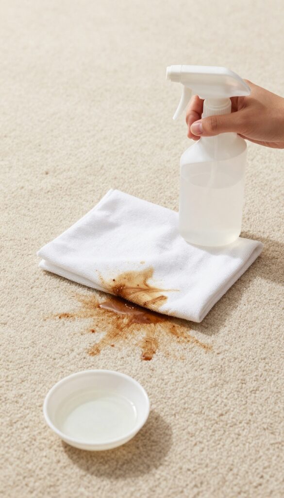 Blotting a coffee stain on a beige carpet with a cloth, cleaning supplies nearby.