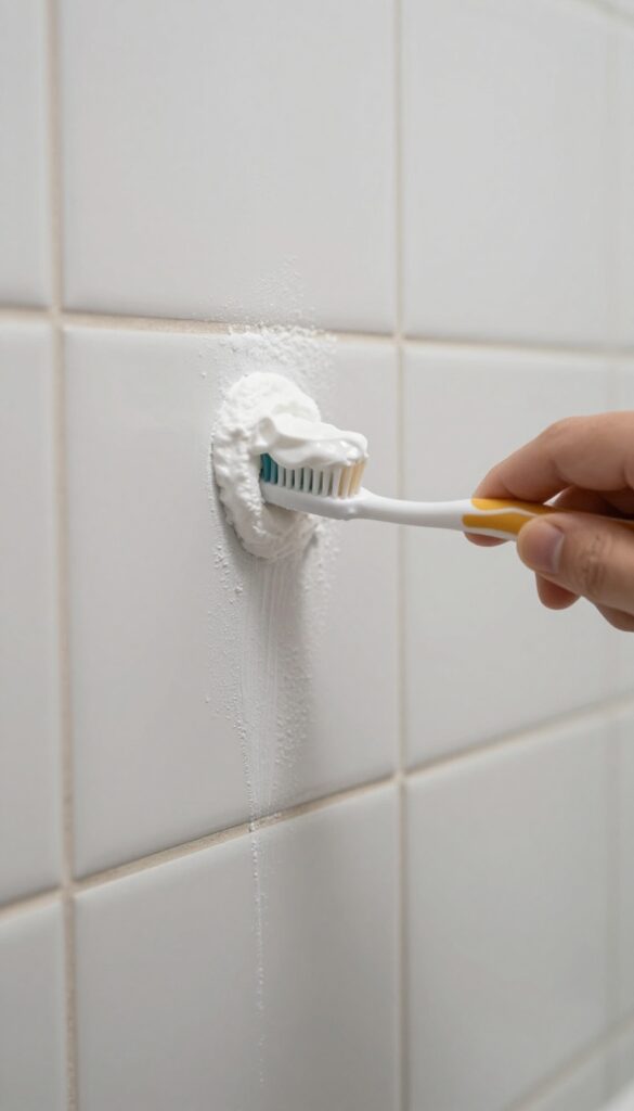 Soft brush cleaning grout lines with baking soda paste on bathroom tile