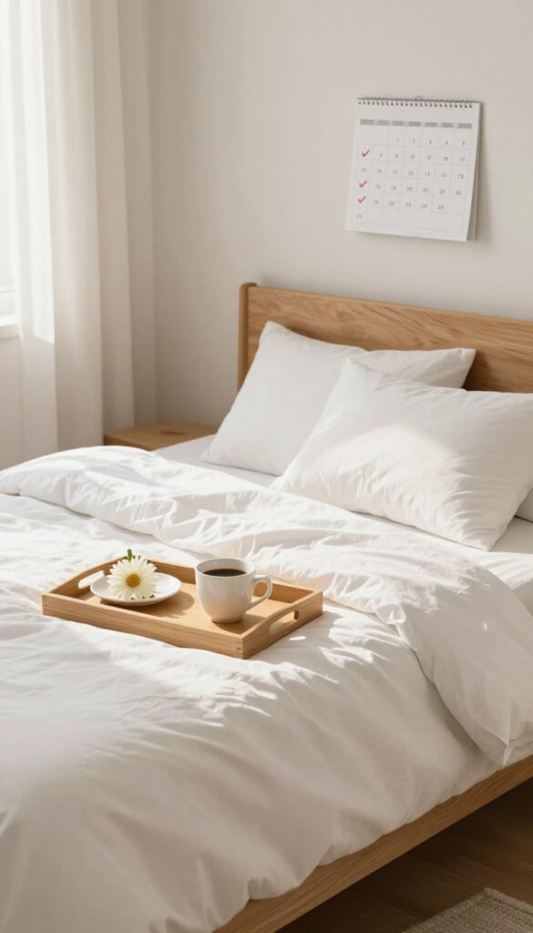 A clean bedroom with a reward setup, coffee and flowers on a tray, and a habit tracker calendar.