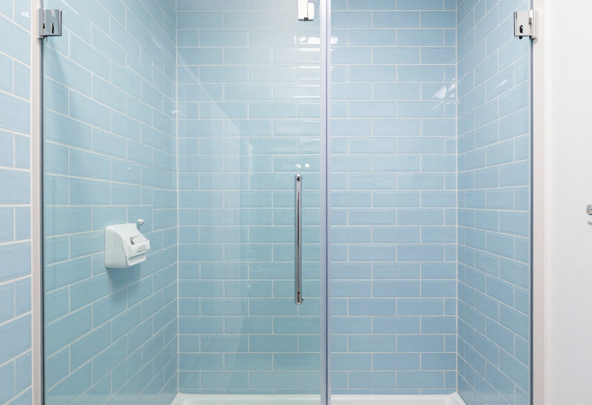Blue subway tile shower with white fixtures and natural light