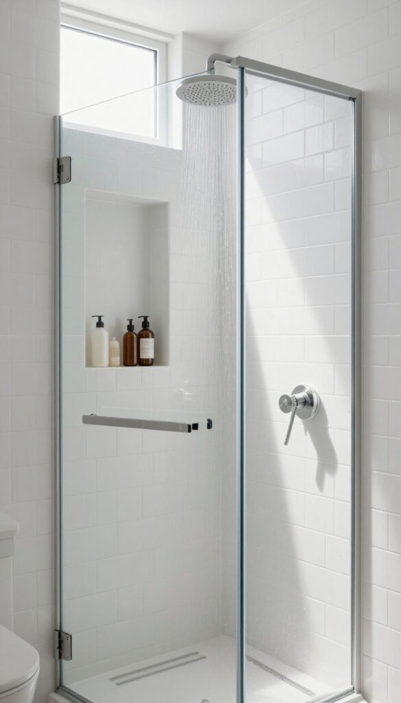 Modern bathroom shower with a built-in tile niche holding shampoo bottles, natural light, clean design