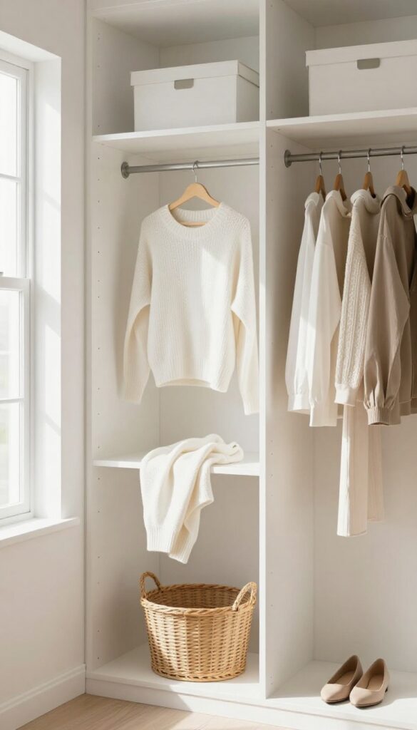 A tidy closet with organized clothes and a basket for quick resets