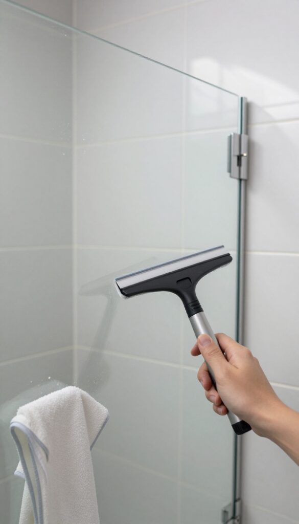 Clean glass shower door and tile wall after squeegeeing, with squeegee and microfiber cloth nearby