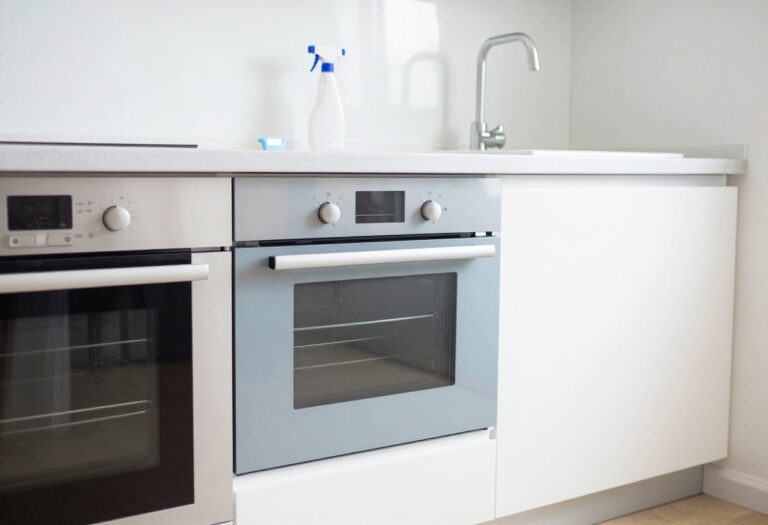 Clean oven interior with dishwasher tablet and spray bottle on counter