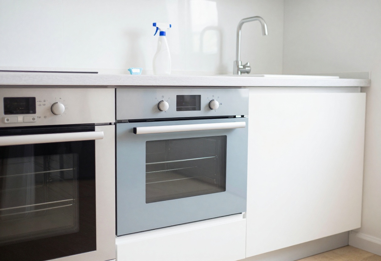 Clean oven interior with dishwasher tablet and spray bottle on counter