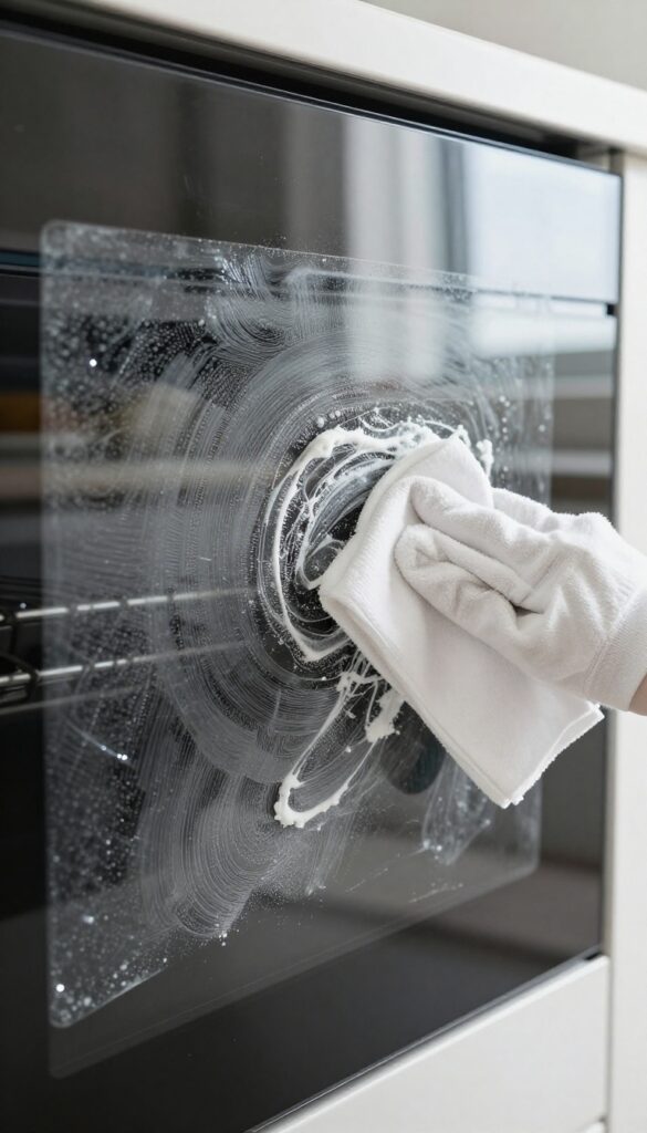 Cleaning oven door glass with baking soda paste and microfiber cloth