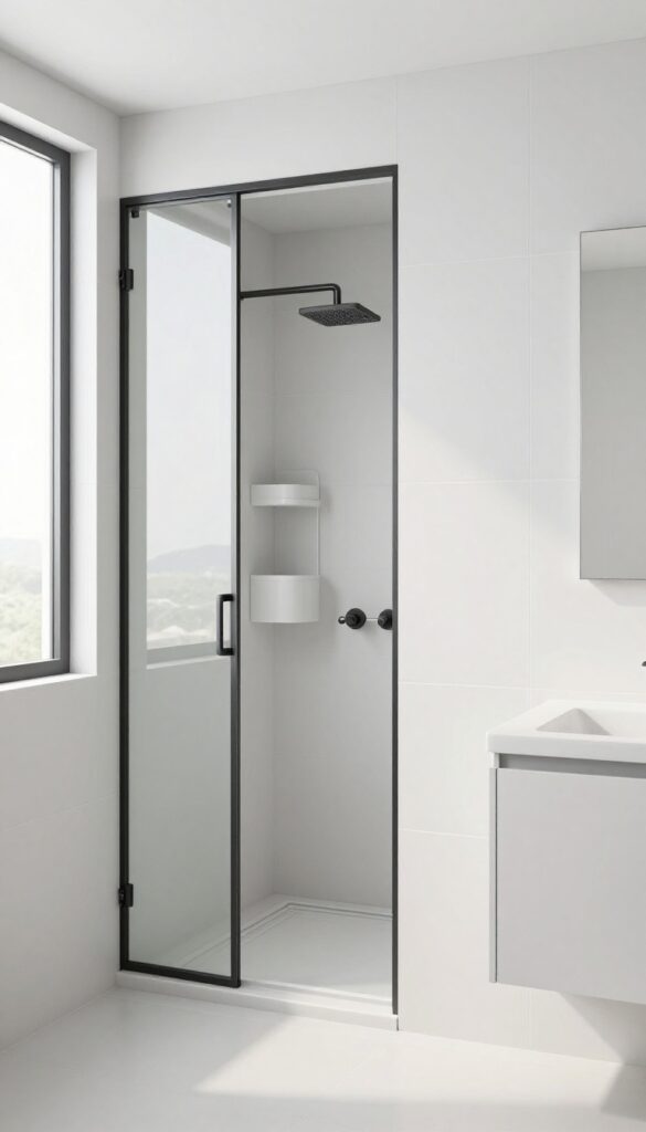 Small bathroom with a glass pocket door sliding into the wall, revealing a compact shower with corner caddy and fold-down seat, bright natural light, clean white tiles, minimalist design.