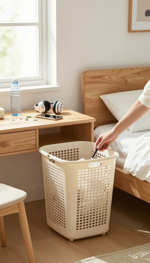 Person clearing clutter from a nightstand into a laundry basket in a bright bedroom