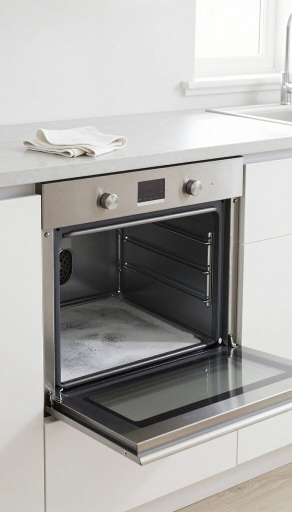Clean oven interior with ash residue after self-cleaning cycle, microfiber cloth on counter