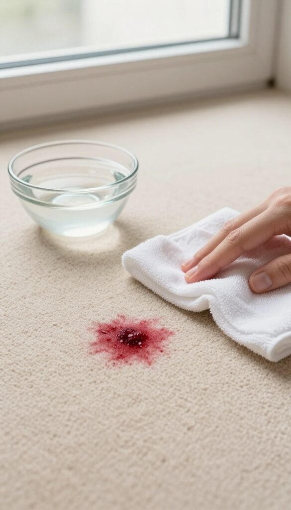 Blotting a berry stain on a beige carpet with a white cloth and glycerin solution nearby