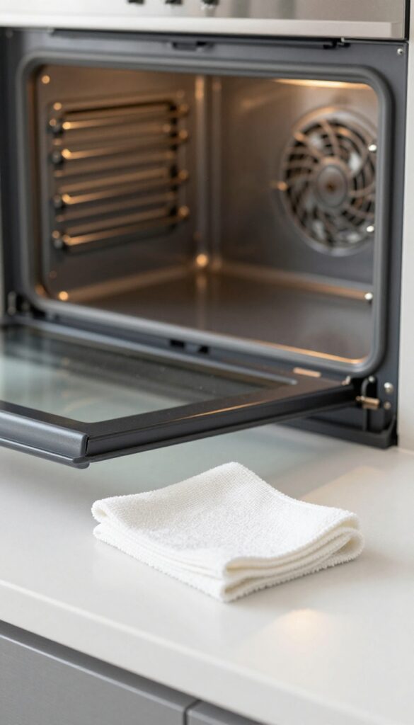 Cleaning the oven fan and vents with a soft brush and microfiber cloth in a bright kitchen