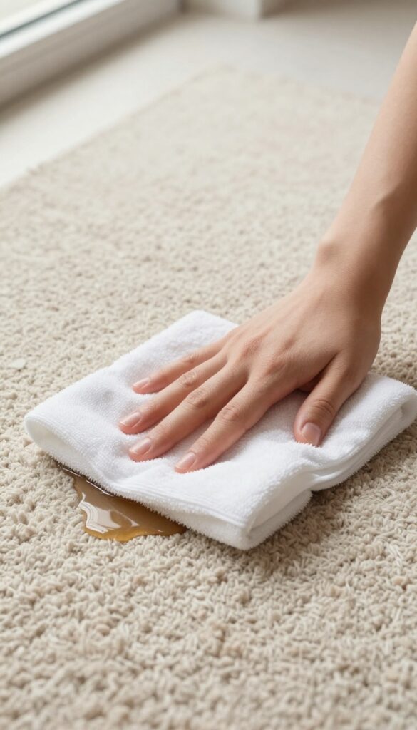 Hand blotting a spill on a wool rug with a white cloth
