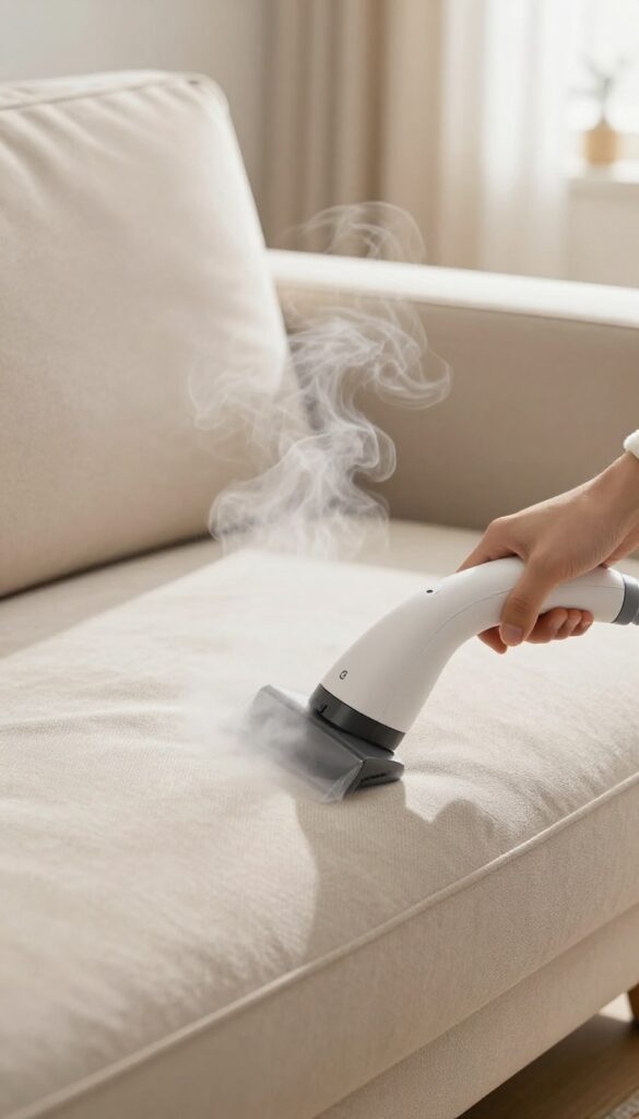 Steam cleaning a sofa with a handheld upholstery steamer in a bright living room
