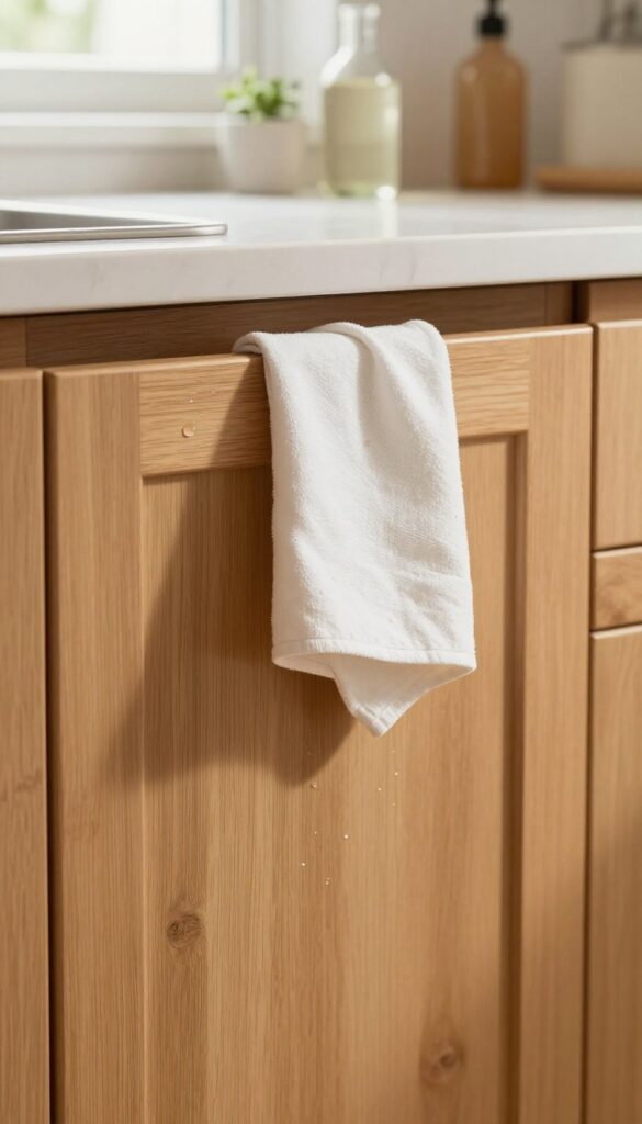 Cleaning a wood kitchen cabinet with a damp microfiber cloth in natural light