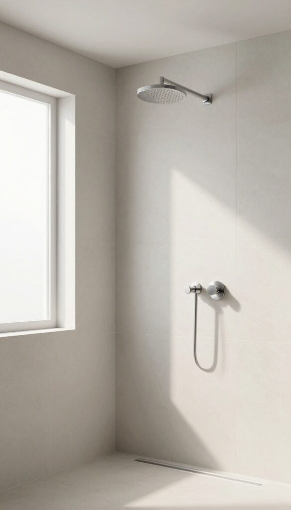 Seamless large-format porcelain slab shower wall in matte concrete finish, spa-like bathroom with natural light