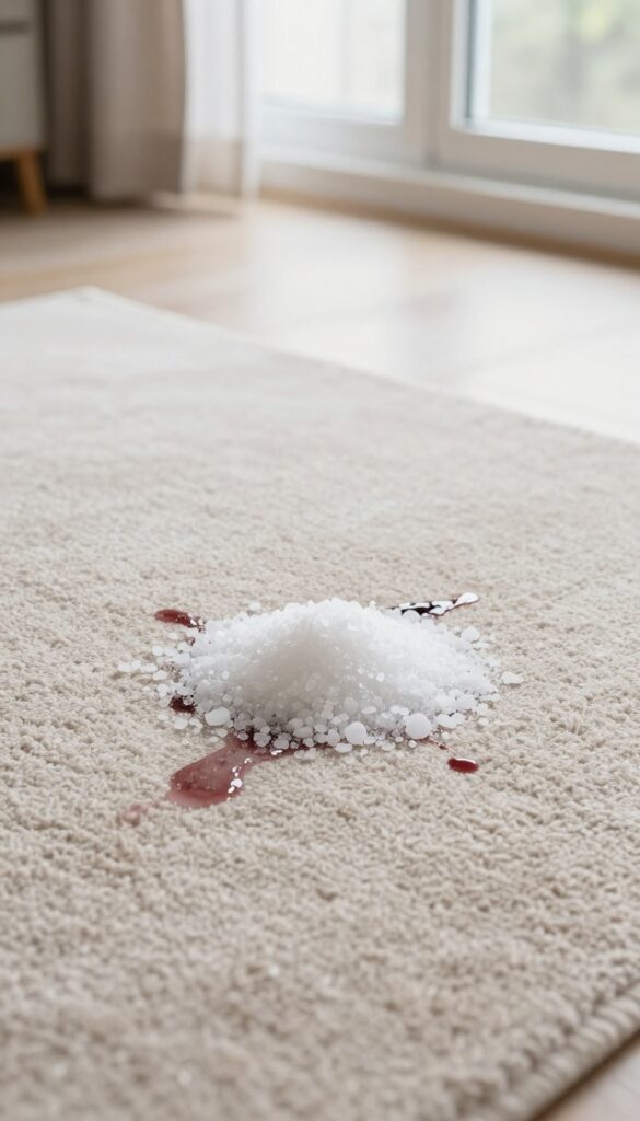 Pouring salt on a red wine spill on a light carpet