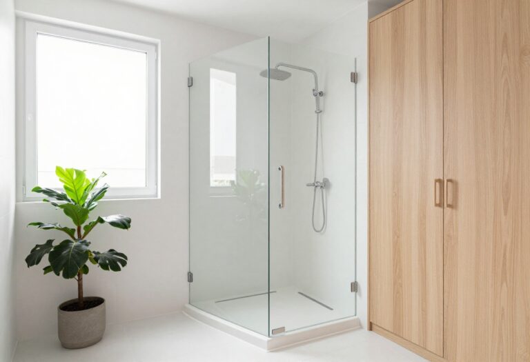 Bright tiny bathroom with curbless shower and glass partition