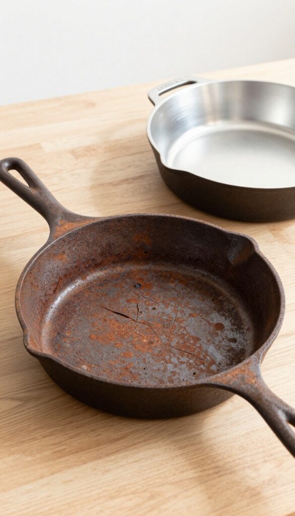 Rusted cast iron skillet with deep pitting and cracks next to a new shiny skillet, showing when to let go of damaged cookware.