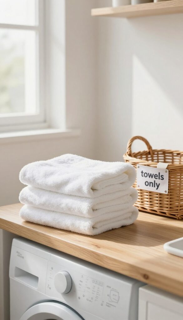 Clean white towels stacked on a wooden counter in a bright laundry room with a wicker basket for sorting.
