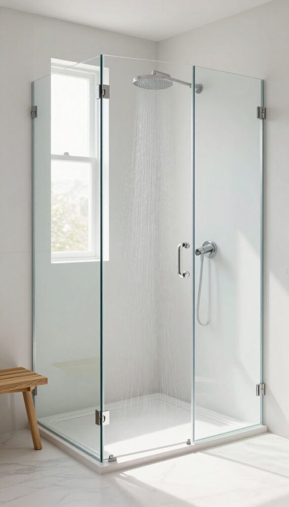 Frameless glass shower enclosure in a bright modern bathroom with natural light