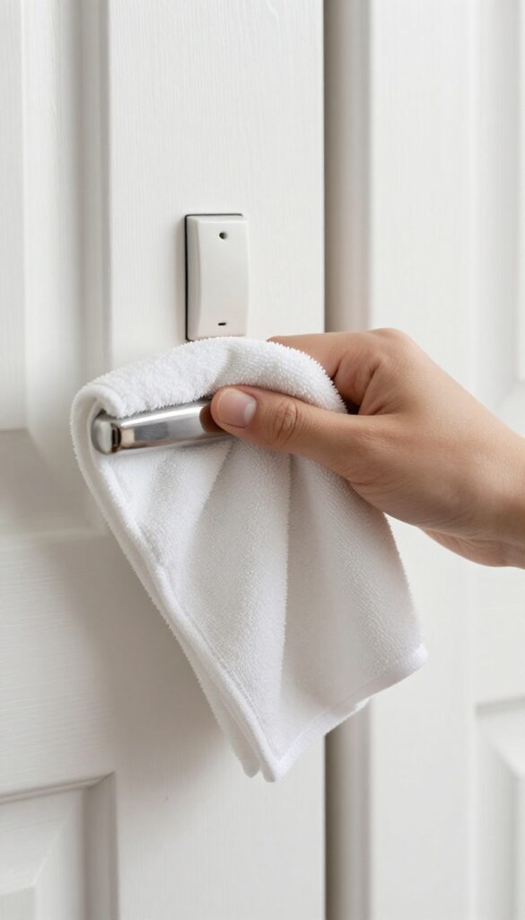 Cleaning light switch and door handle with a microfiber cloth in a bright bedroom