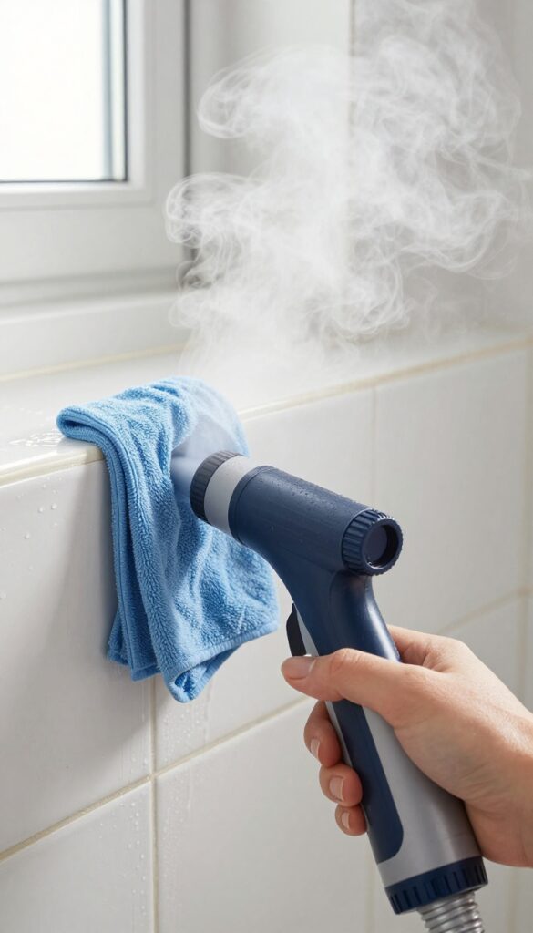 Handheld steam cleaner cleaning bathroom shower tile grout