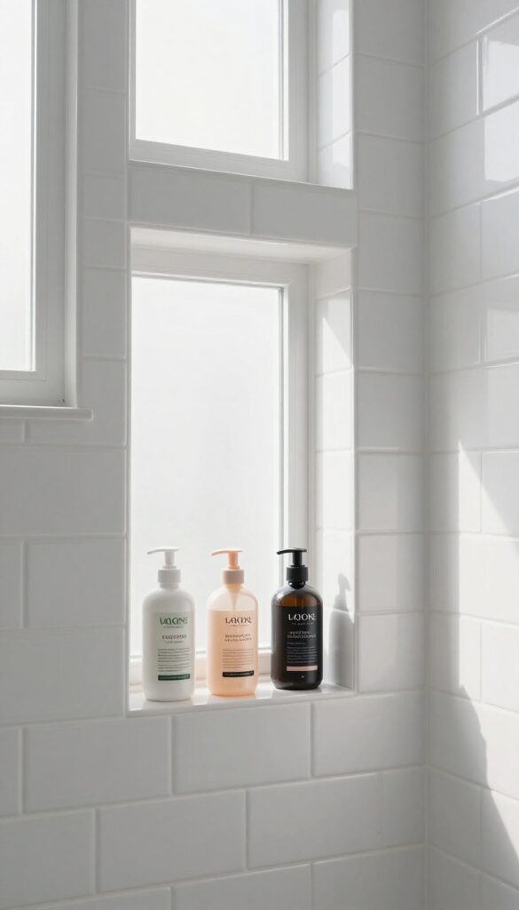 Built-in tile niche in a shower with matching subway tiles, holding shampoo bottles, bright natural light, seamless design.
