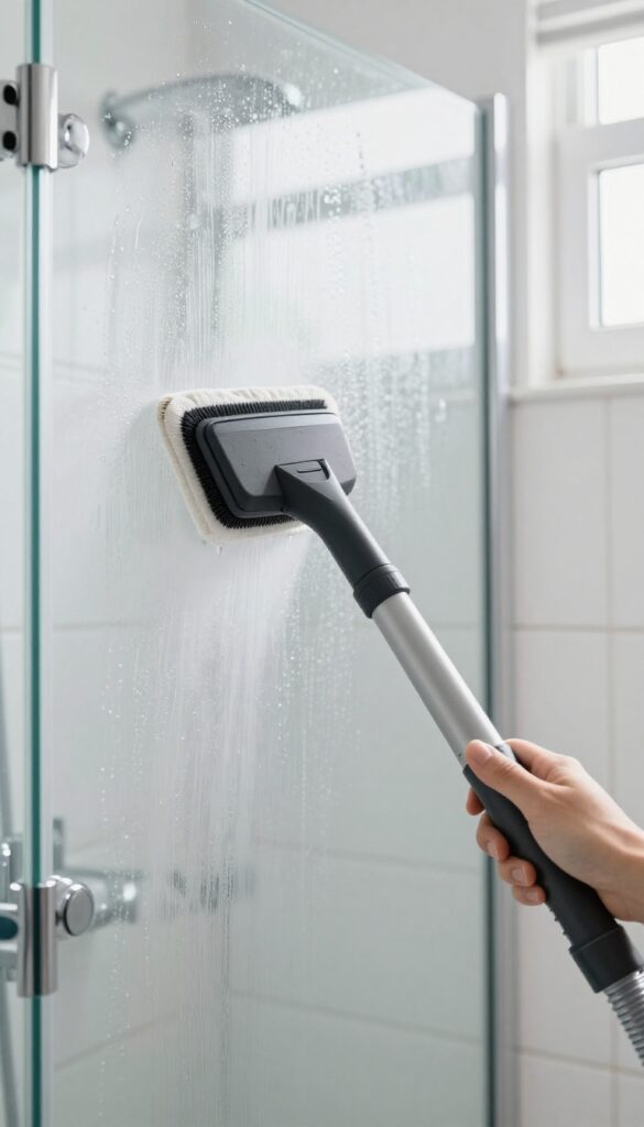 Handheld steam cleaner cleaning a glass shower door with soap scum and hard water stains