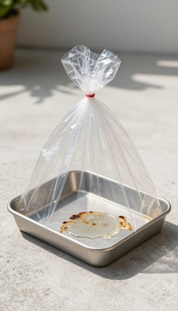 Baking sheet in a plastic bag with ammonia for overnight soak, outdoor setting, bright natural light.