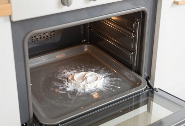 Applying baking soda paste to clean greasy oven interior