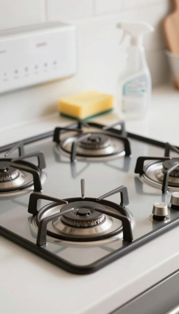 Clean stovetop with shiny burners and glass cooktop
