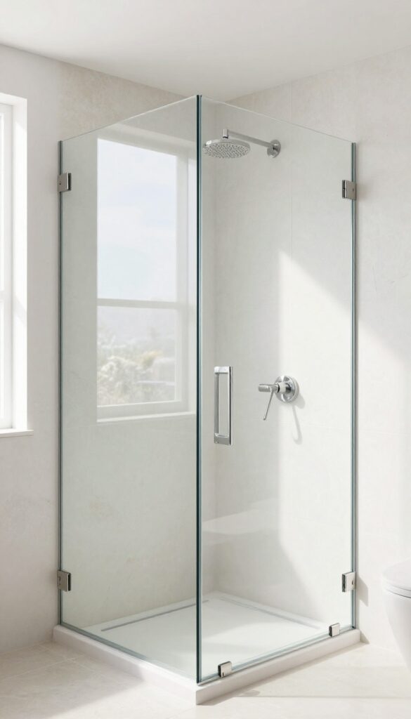 Frameless glass shower enclosure in a bright modern bathroom with stone tiles and rainfall showerhead