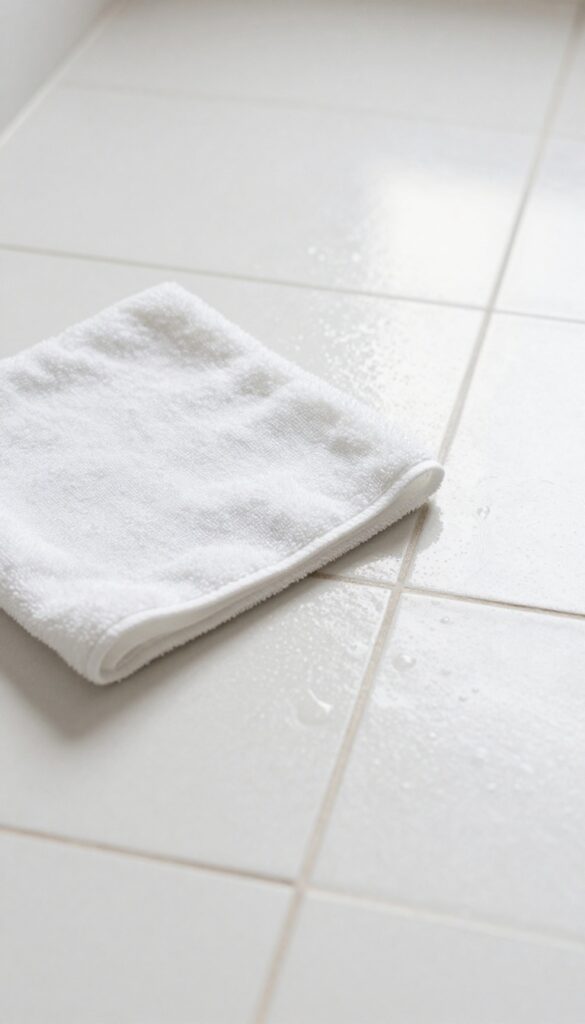 Dry shower floor with microfiber cloth, bright natural light, clean grout lines