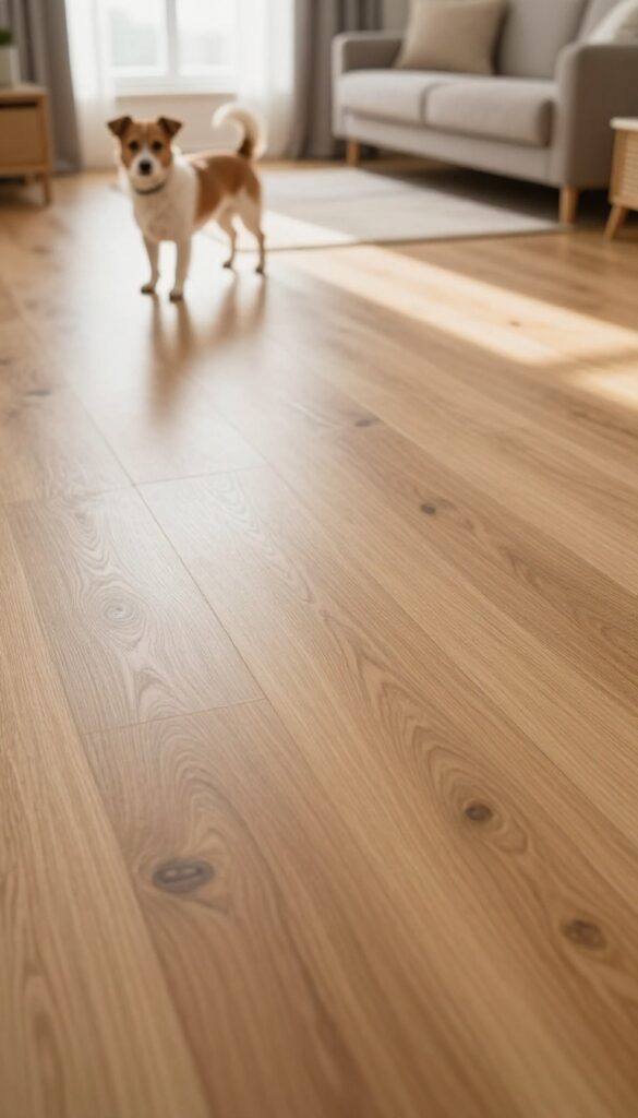 Dog with trimmed nails standing on shiny laminate wood floor